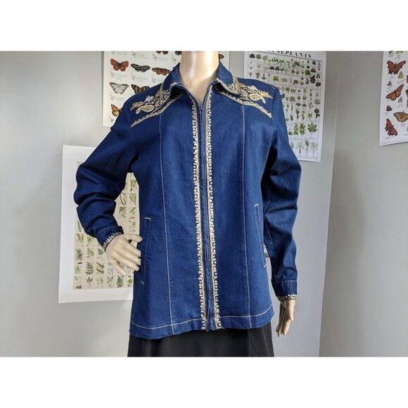 Vintage 90s Victor Costa Jean Jacket Western Sequin Denim Rodeo Dark Size S - Picture 2 of 12
